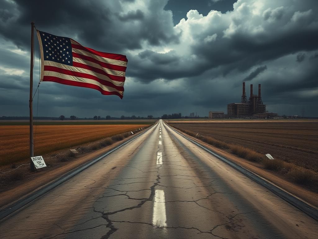 Flick International A cracked dystopian road under a stormy sky, symbolizing division in America with a half-mast flag and signs of economic distress.