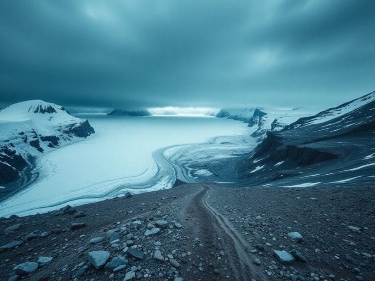 Flick International Aerial view of the Folgefonna Glacier in Norway showcasing craggy ice and rocky terrain