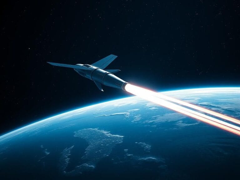 Flick International Futuristic satellite armed with advanced missile interceptor technology in outer space