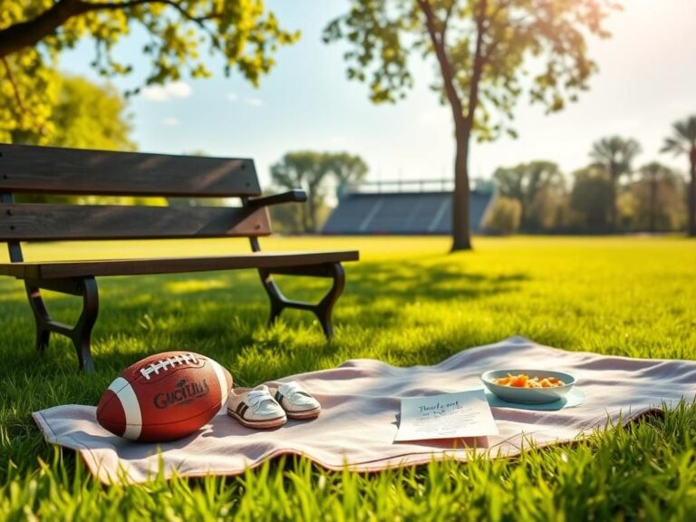 Flick International A serene park scene with a football and children's shoes symbolizing family values