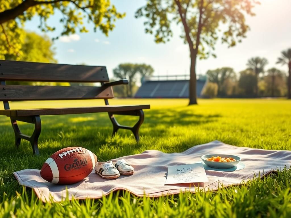 Flick International A serene park scene with a football and children's shoes symbolizing family values