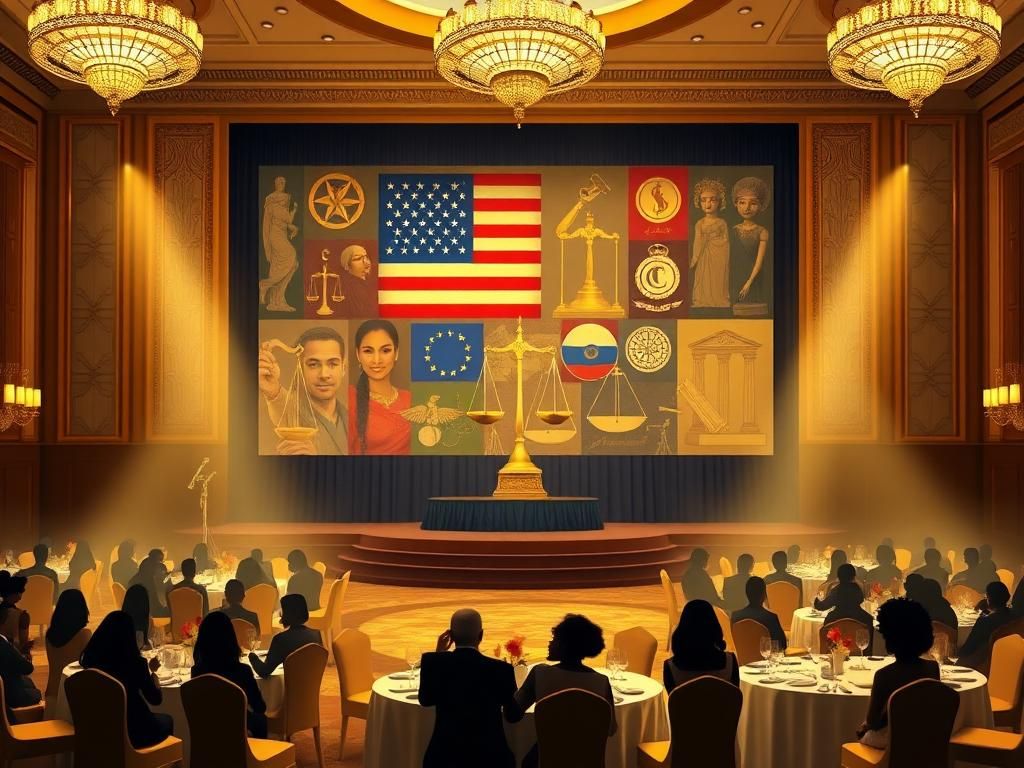 Flick International Stylized depiction of a gala setting with diverse judicial symbols and elegant decor