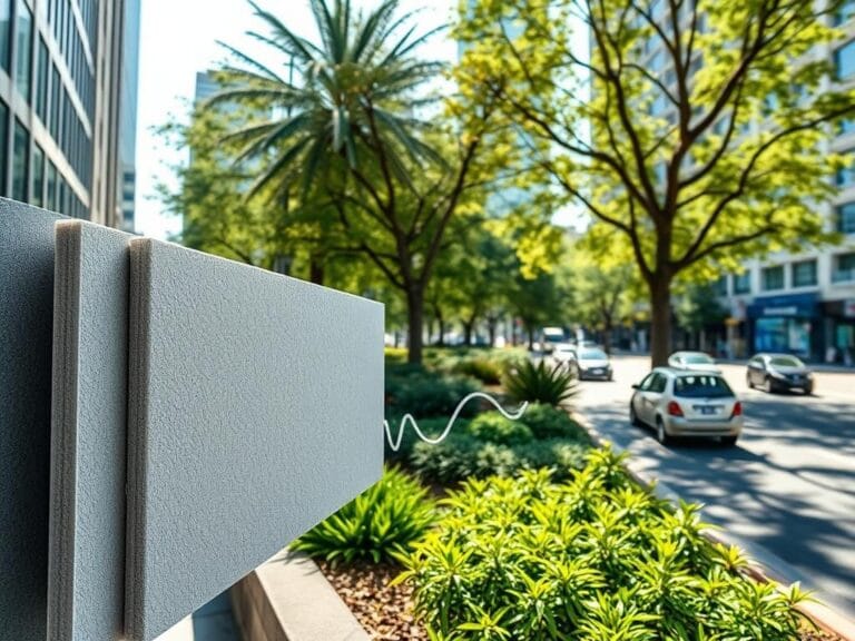 Flick International A serene urban scene featuring an ultra-thin sound barrier panel installed along a busy street