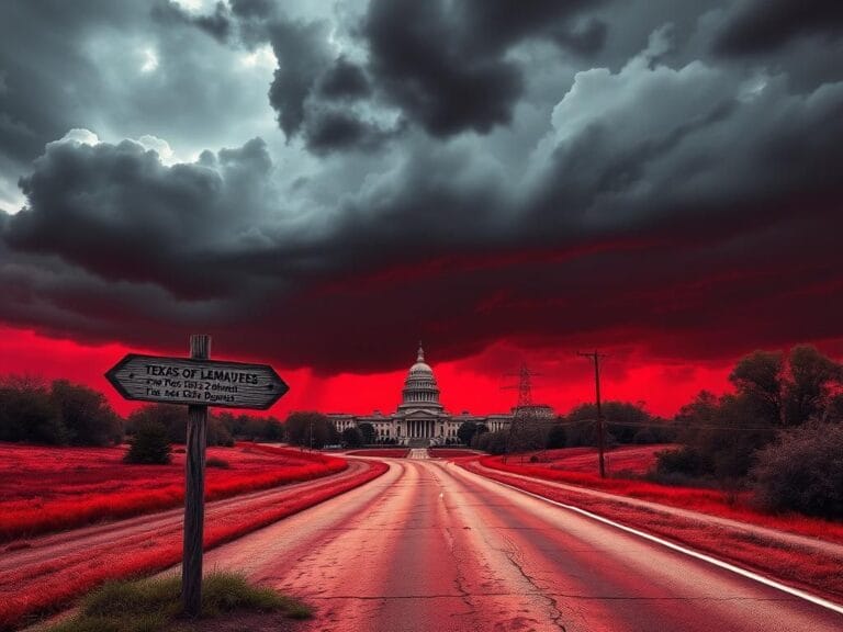 Flick International A dramatic Texas landscape under stormy skies with a winding road leading from the Texas Capitol, symbolizing the departure of lawmakers.