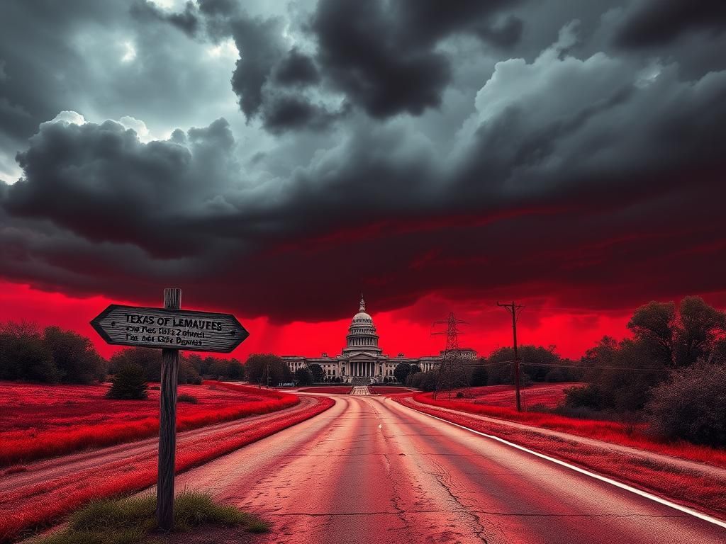 Flick International A dramatic Texas landscape under stormy skies with a winding road leading from the Texas Capitol, symbolizing the departure of lawmakers.