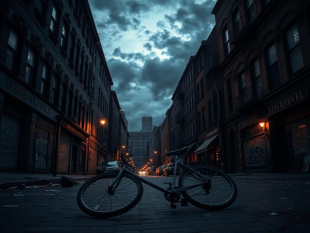 Flick International Dark urban street scene at dusk with graffiti and overturned bicycle