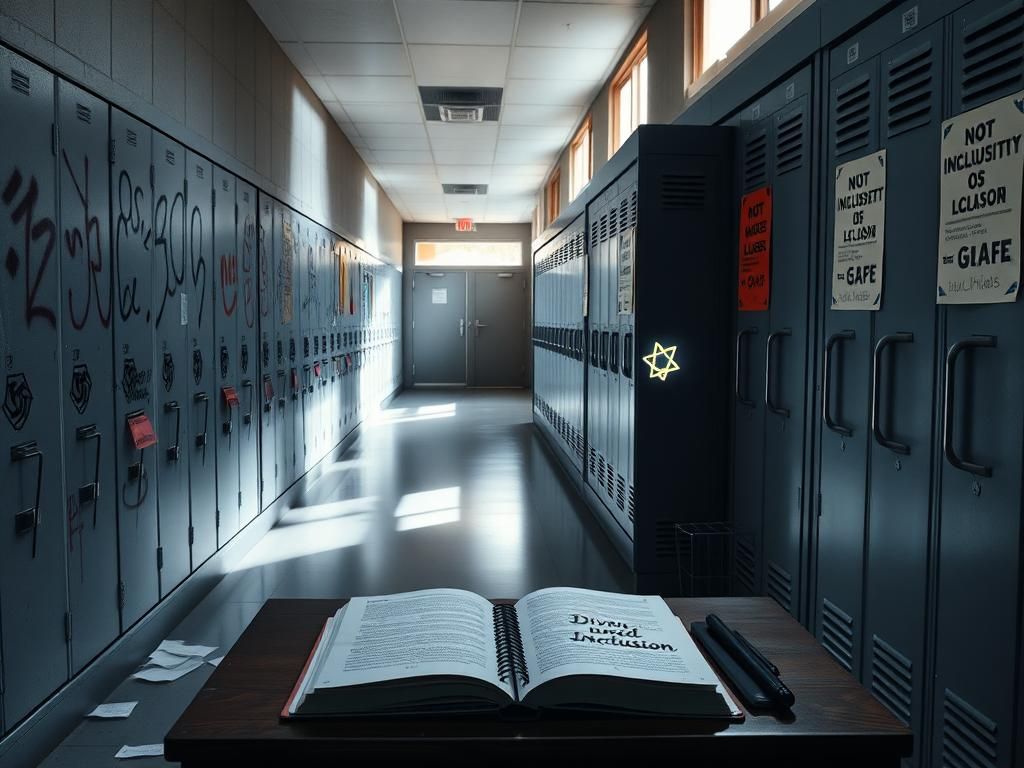 Flick International Hallway with lockers featuring a Star of David and anti-hate posters