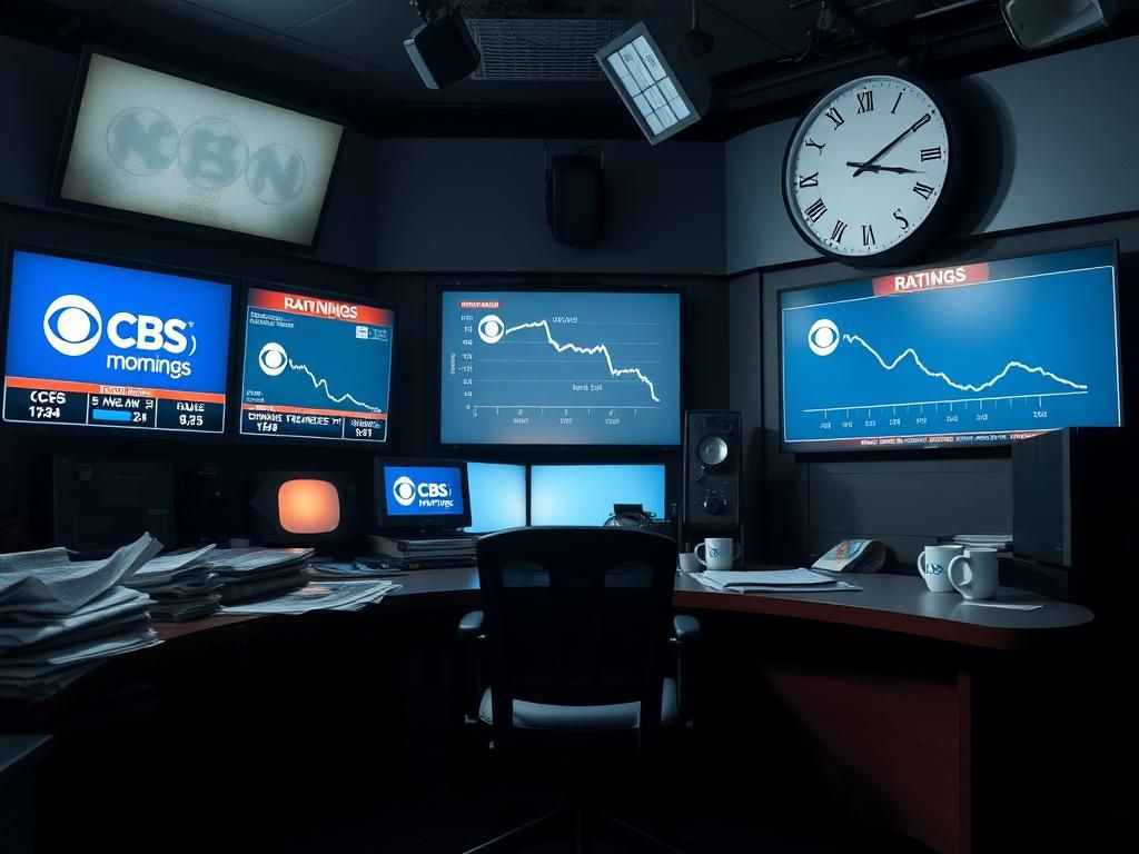 Flick International Dimly lit newsroom with declining ratings graphs and CBS logo on screens