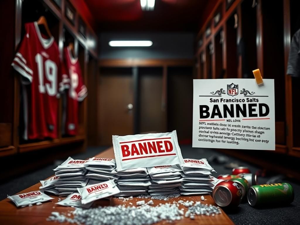 Flick International Abandoned wooden bench in a football locker room with discarded smelling salts packets marked 'BANNED'