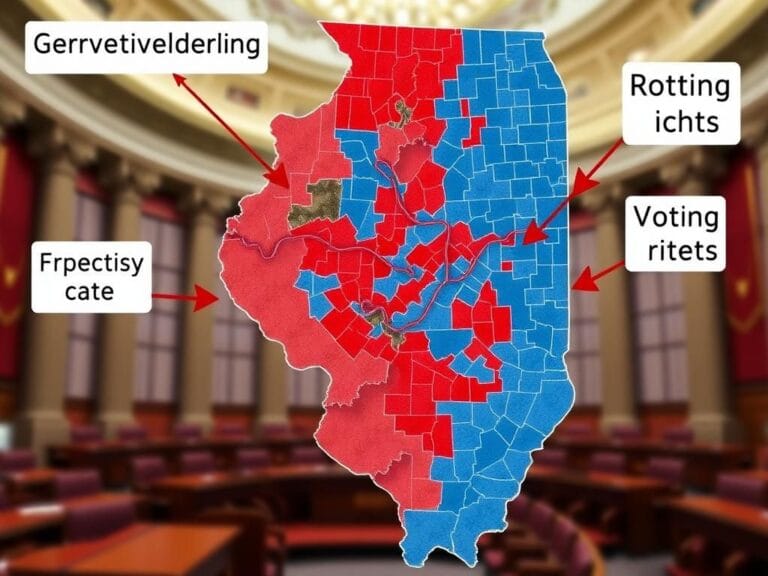Flick International Detailed map of Illinois illustrating gerrymandered congressional districts with twisting lines and contrasting colors