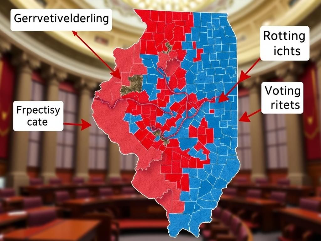 Flick International Detailed map of Illinois illustrating gerrymandered congressional districts with twisting lines and contrasting colors