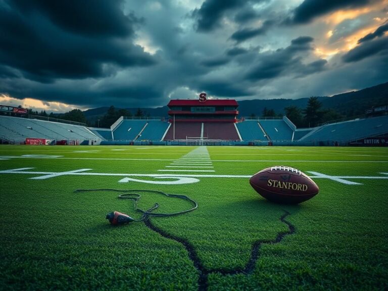 Flick International Deserted football field at Stanford University with Stanford Stadium in the background during sunset
