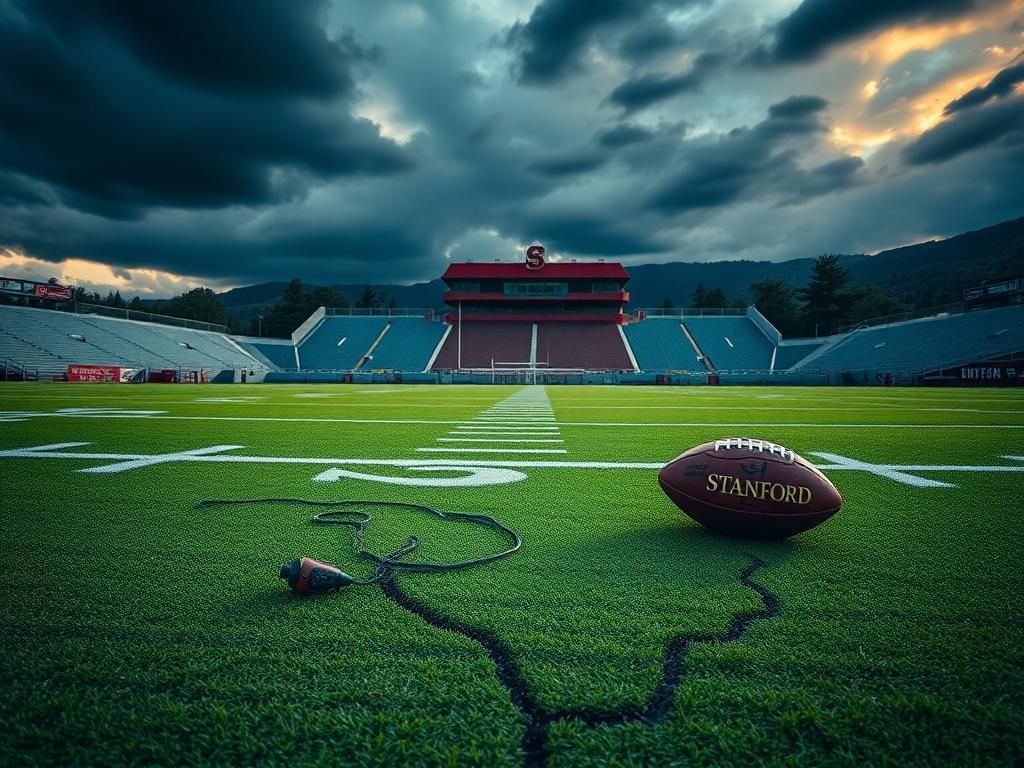 Flick International Deserted football field at Stanford University with Stanford Stadium in the background during sunset