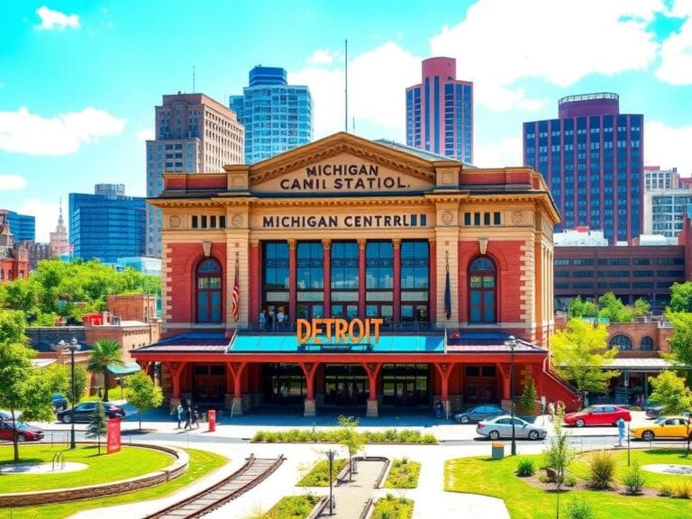Flick International A vibrant image of the renovated Michigan Central train station symbolizing Detroit's urban transformation