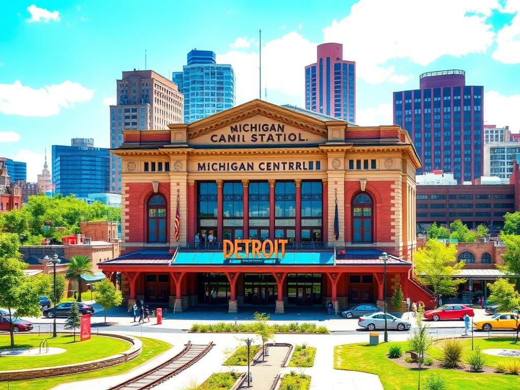 Flick International A vibrant image of the renovated Michigan Central train station symbolizing Detroit's urban transformation