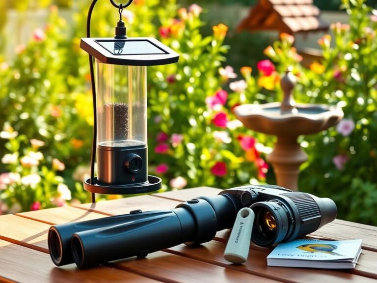 Flick International High-tech bird feeder with 1080p HD camera surrounded by colorful flowers and lush greenery