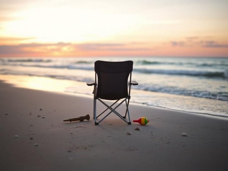 Flick International A serene beach scene with a pop-up lawn chair facing the sunset