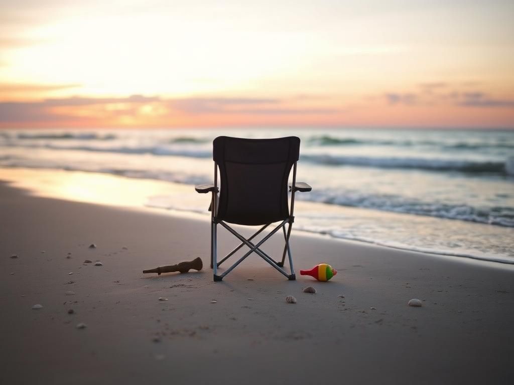 Flick International A serene beach scene with a pop-up lawn chair facing the sunset