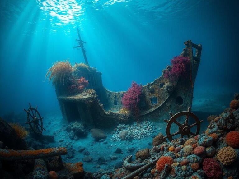 Flick International Underwater scene depicting a shipwreck with vibrant coral and marine life