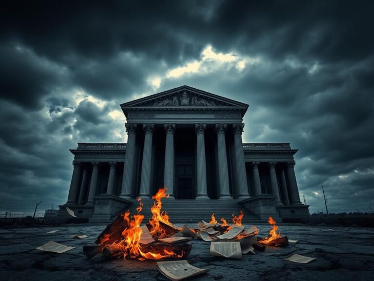 Flick International A dark, stormy sky above a crumbling government building, symbolizing the state of democracy.