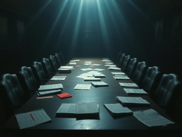 Flick International Dramatic courtroom setting with a grand jury table and oversized empty chairs