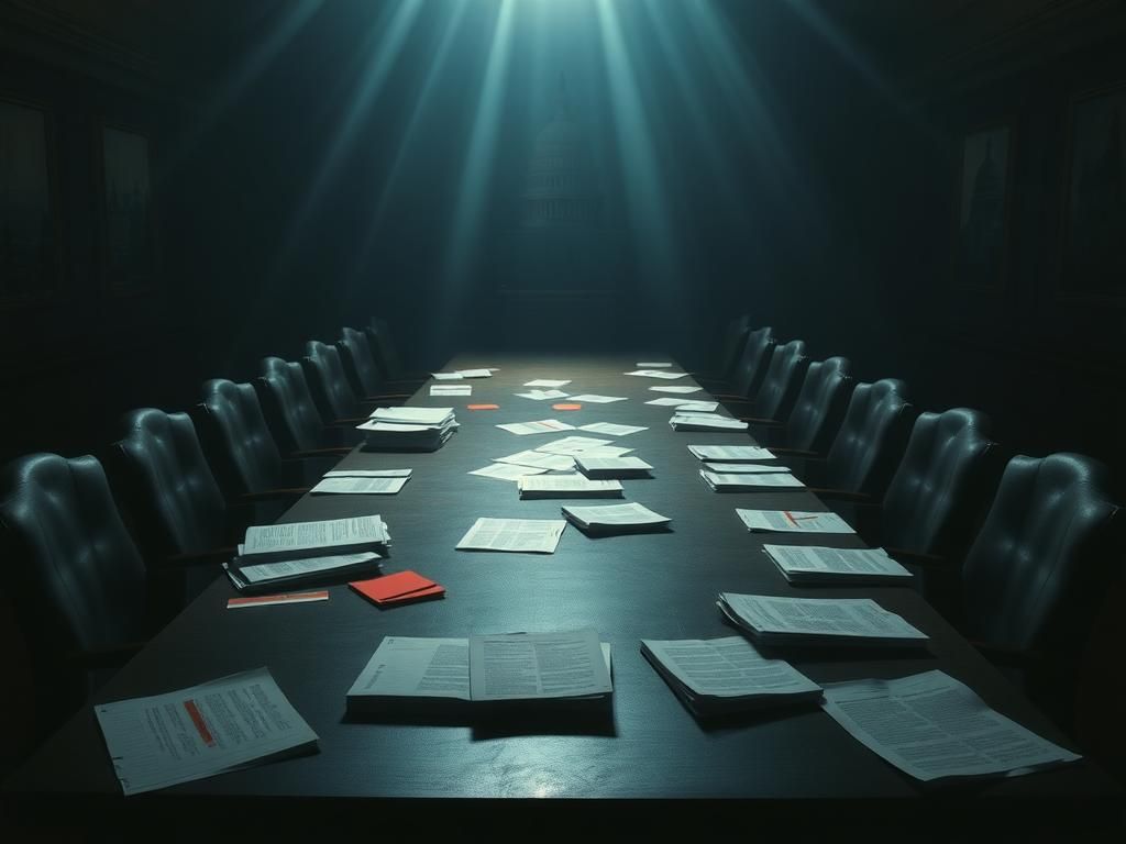 Flick International Dramatic courtroom setting with a grand jury table and oversized empty chairs