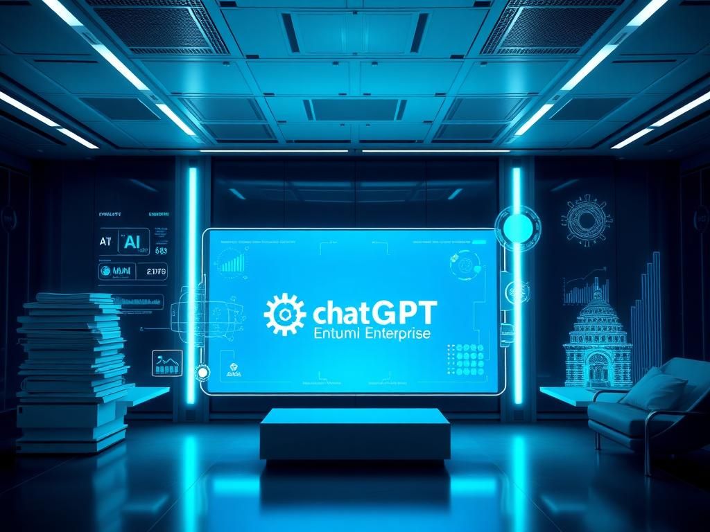 Flick International Futuristic office environment showcasing artificial intelligence technology and the OpenAI logo.