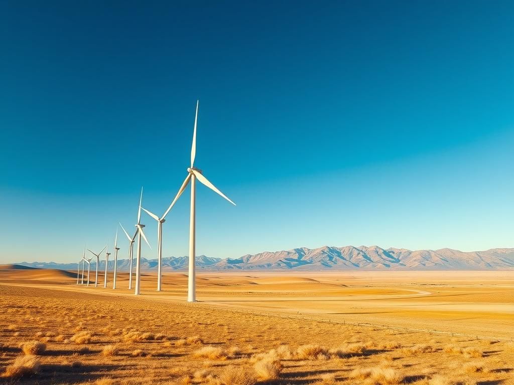 Flick International Tall wind turbines in southern Idaho landscape under a clear blue sky