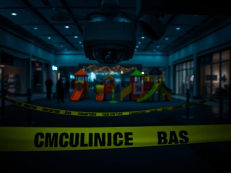 Flick International Empty children's play area in a Virginia mall marked with caution tape, evoking a sense of danger.