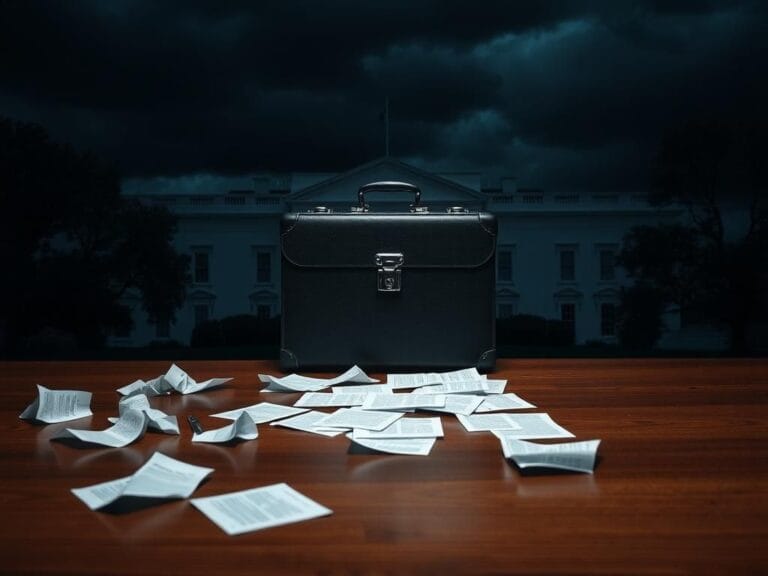 Flick International Dark and moody scene with a shadowy White House and a locked briefcase on a wooden table