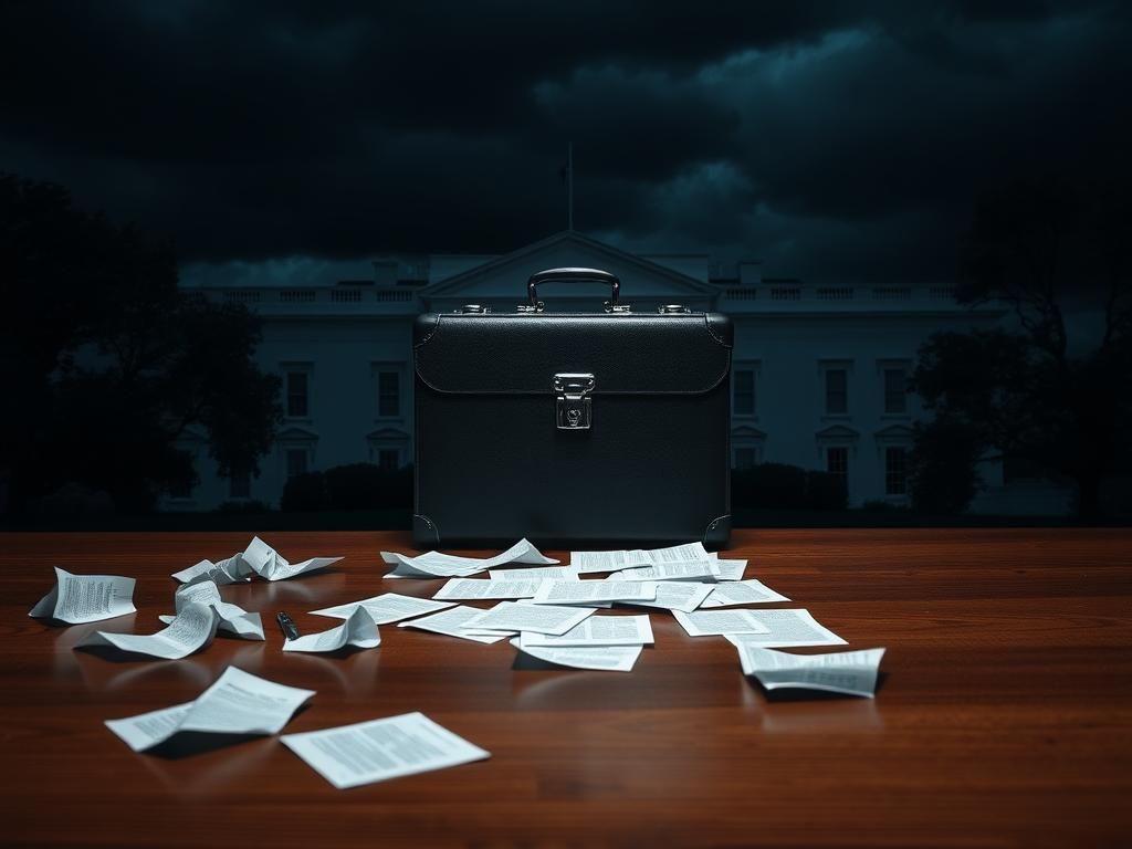 Flick International Dark and moody scene with a shadowy White House and a locked briefcase on a wooden table
