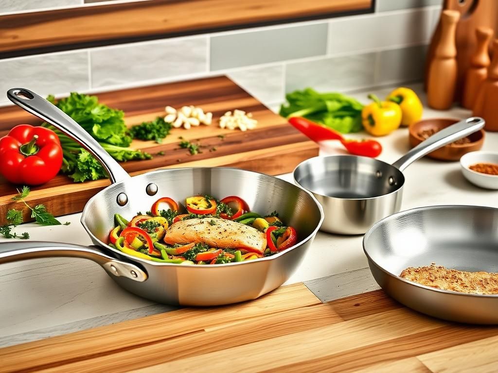 Flick International A modern kitchen featuring HexClad cookware with a sizzling stainless steel frying pan and vibrant vegetables.