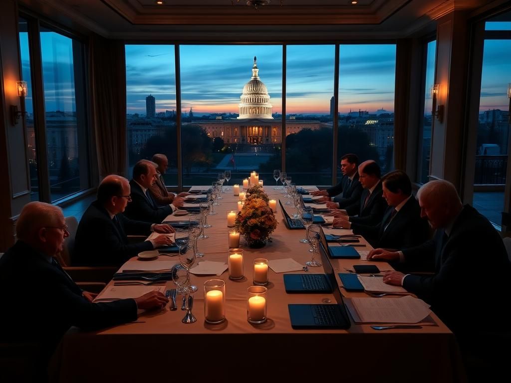 Flick International Elegant dining room set for a strategic meeting with a view of Washington, D.C. skyline