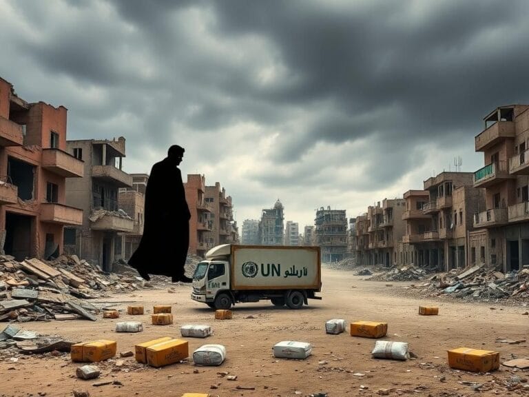 Flick International Desolate landscape in Gaza with crumbling buildings and an unattended UN truck amidst debris