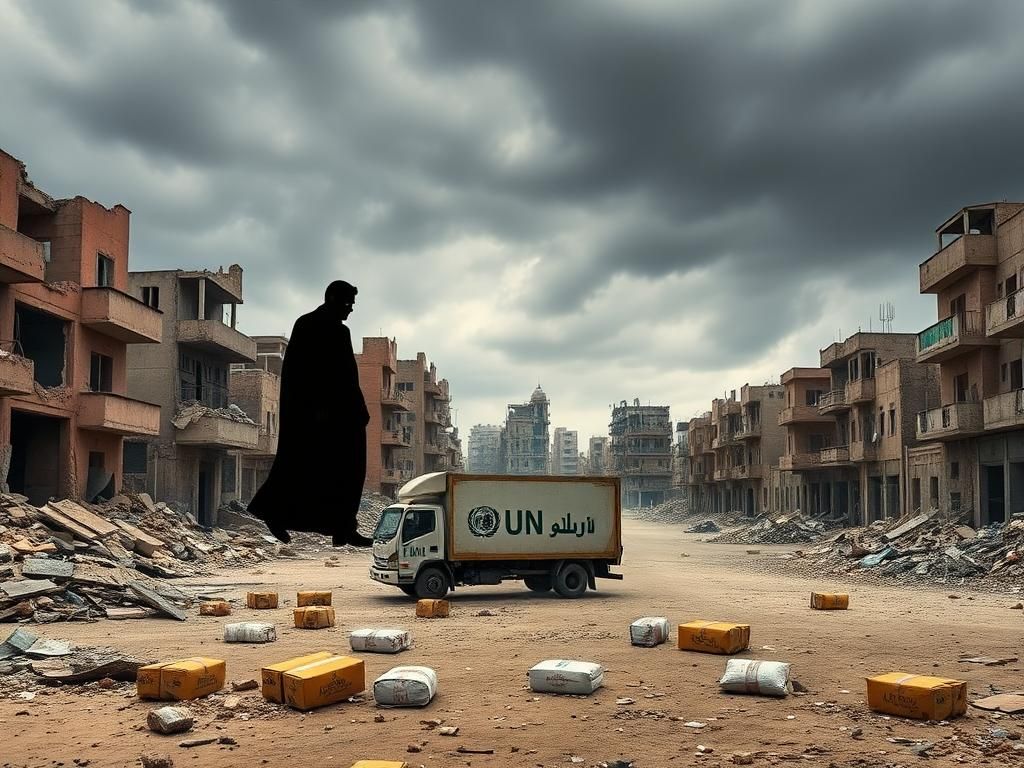 Flick International Desolate landscape in Gaza with crumbling buildings and an unattended UN truck amidst debris