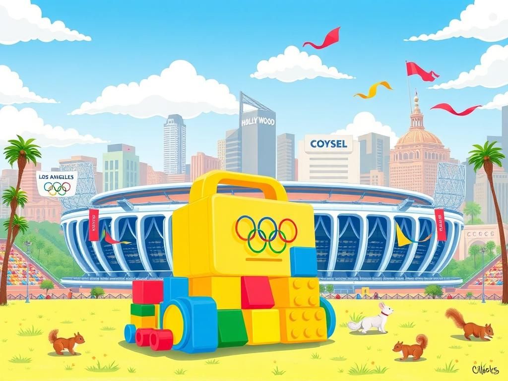 Flick International Whimsical illustration of a large, colorful Olympic stadium in Los Angeles with a playful toddler toy in the foreground.
