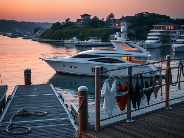 Flick International Luxurious yacht docked at Montauk Yacht Club with stylish bikinis displayed