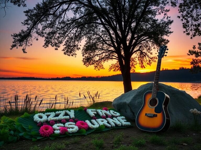 Flick International Floral tribute arranged with the words 'OZZY F---ING OSBOURNE' by a serene lakeside at sunset