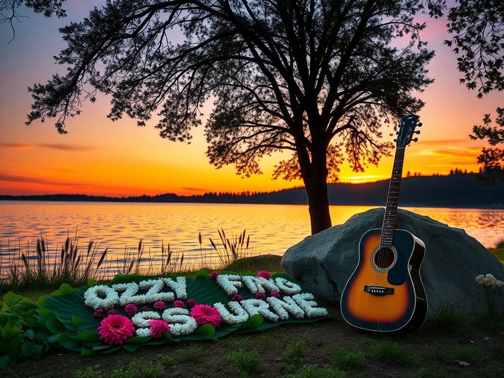 Flick International Floral tribute arranged with the words 'OZZY F---ING OSBOURNE' by a serene lakeside at sunset