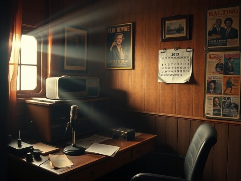 Flick International Dimly lit radio studio with vintage microphone and nostalgic decor