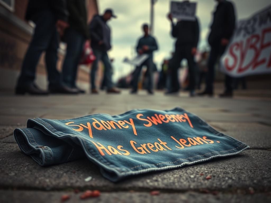 Flick International A dramatic close-up of a crumpled American Eagle jeans advertisement featuring Sydney Sweeney, symbolizing the controversy surrounding her recent ad.
