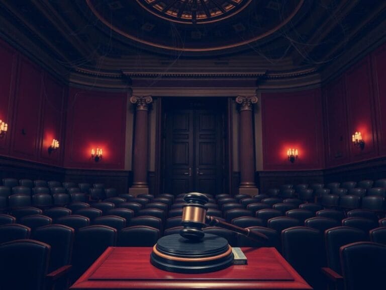 Flick International Dimly lit empty Senate chamber with a large gavel symbolizing legislative authority amidst political tension