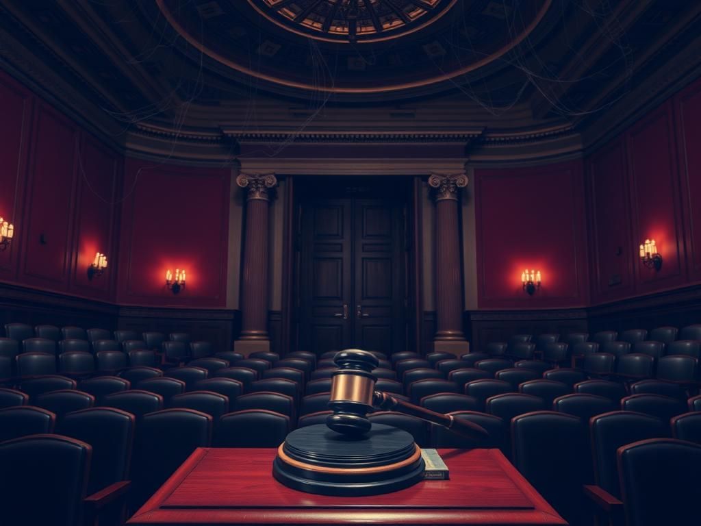 Flick International Dimly lit empty Senate chamber with a large gavel symbolizing legislative authority amidst political tension