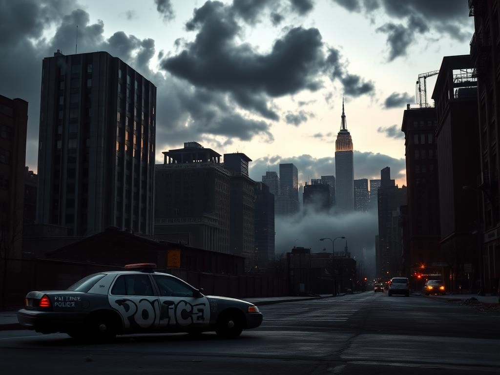 Flick International Abandoned police car in New York City at dusk highlighting community tensions