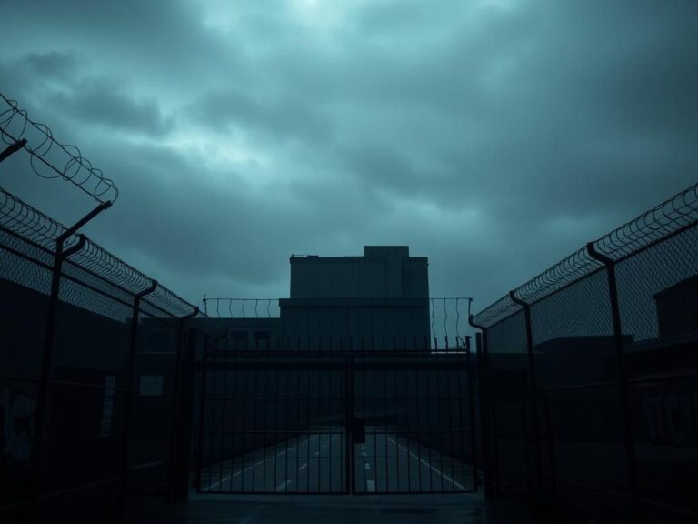 Flick International Dimly lit exterior of the Brooklyn Metropolitan Detention Center with high fences and barbed wire