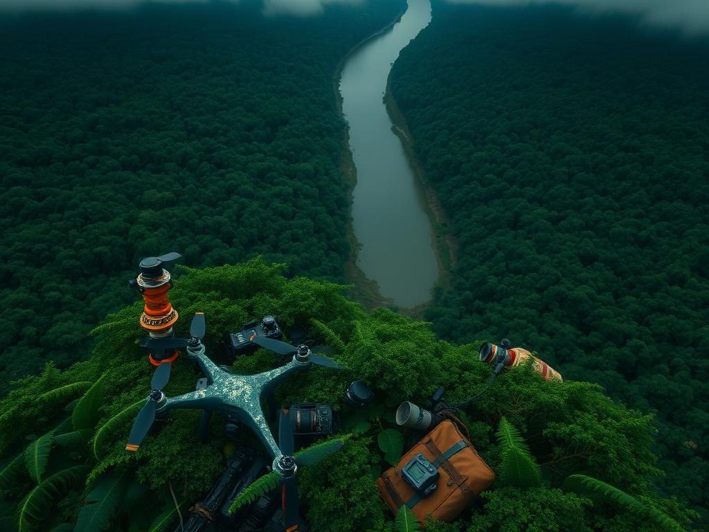 Flick International Aerial view of a dense, tropical jungle in Myanmar with concealed drone and filming equipment