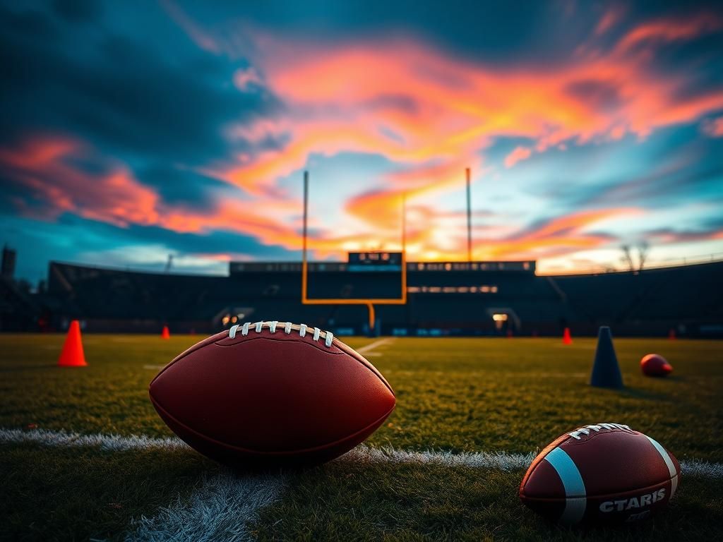 Flick International A pristine football resting on a yard line under stadium lights during twilight