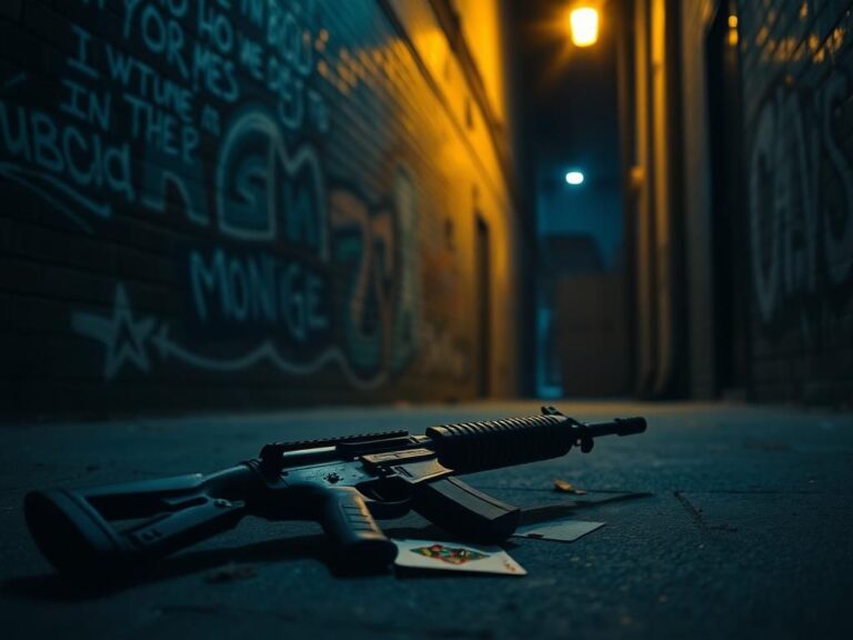 Flick International Discarded AR-style rifle in a dimly lit urban alley reflecting gun violence and mental health issues