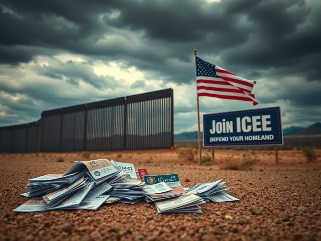 Flick International A dramatic view of the United States-Mexico border wall with recruitment flyers scattered on the ground