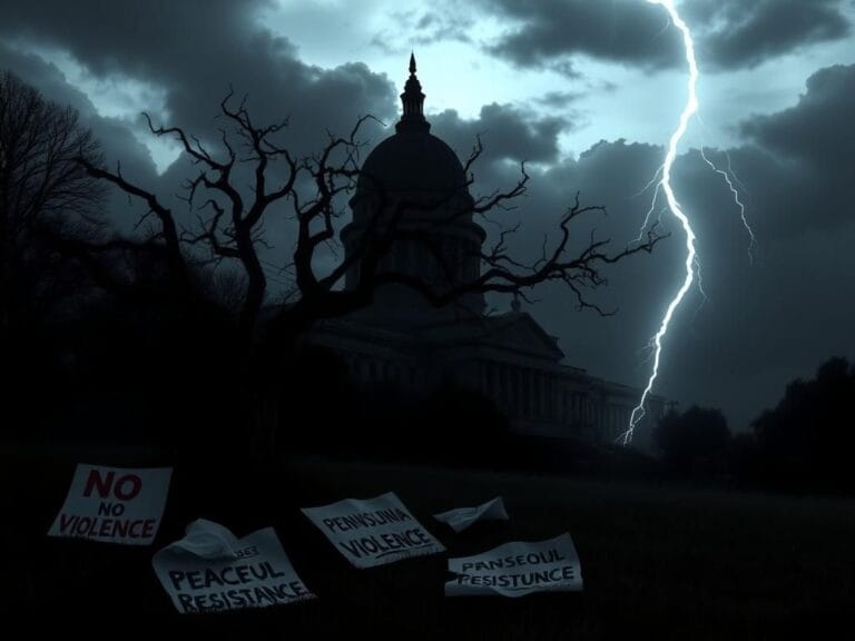 Flick International Darkened Pennsylvania landscape at dusk with Capitol silhouette and lightning strike